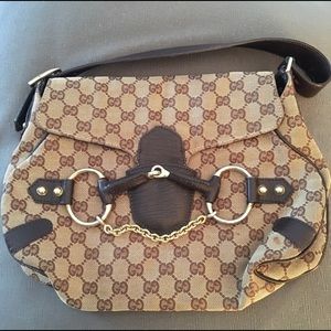 AUTH Gucci Horsebit GG Canvas w Leather Handbag